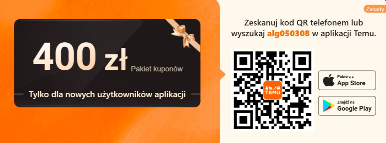 Pakiet 400 zł w kuponach Temu — oficjalna grafika programu partnerskiego
