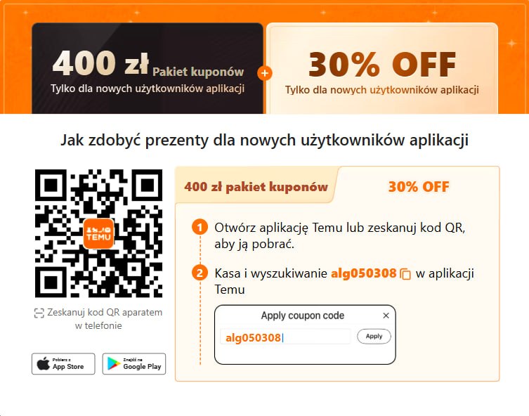 Aktywacja kodu kuponowego alg050308 w aplikacji Temu — krok 2