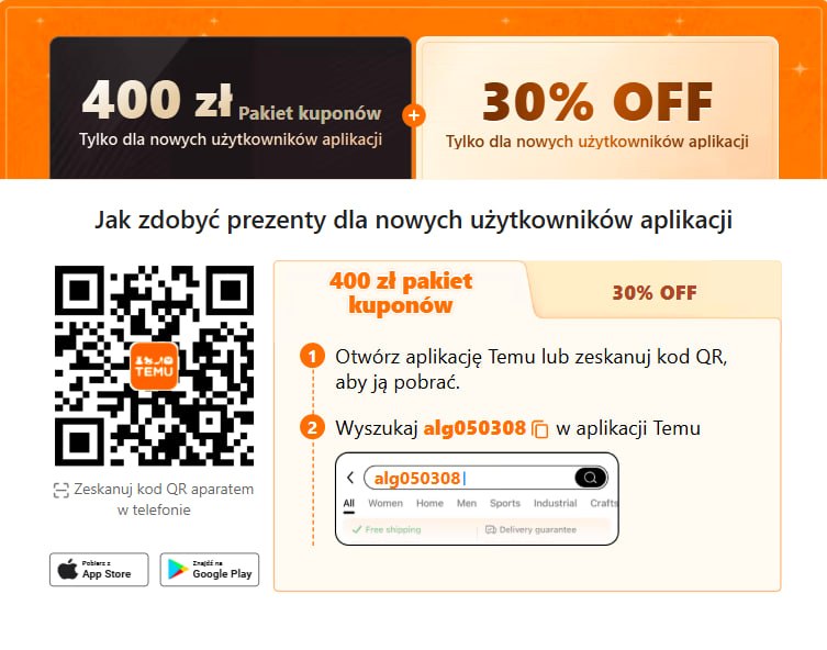 Wpisywanie kodu alg050308 w aplikacji Temu — krok 1